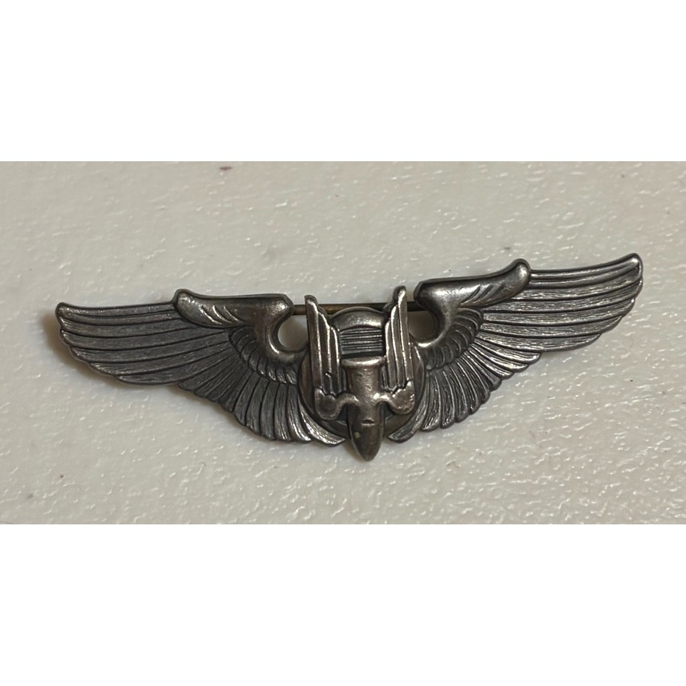WWII US Army Air Corps Bombardier Wings Sterling Silver Pinback Badge Military